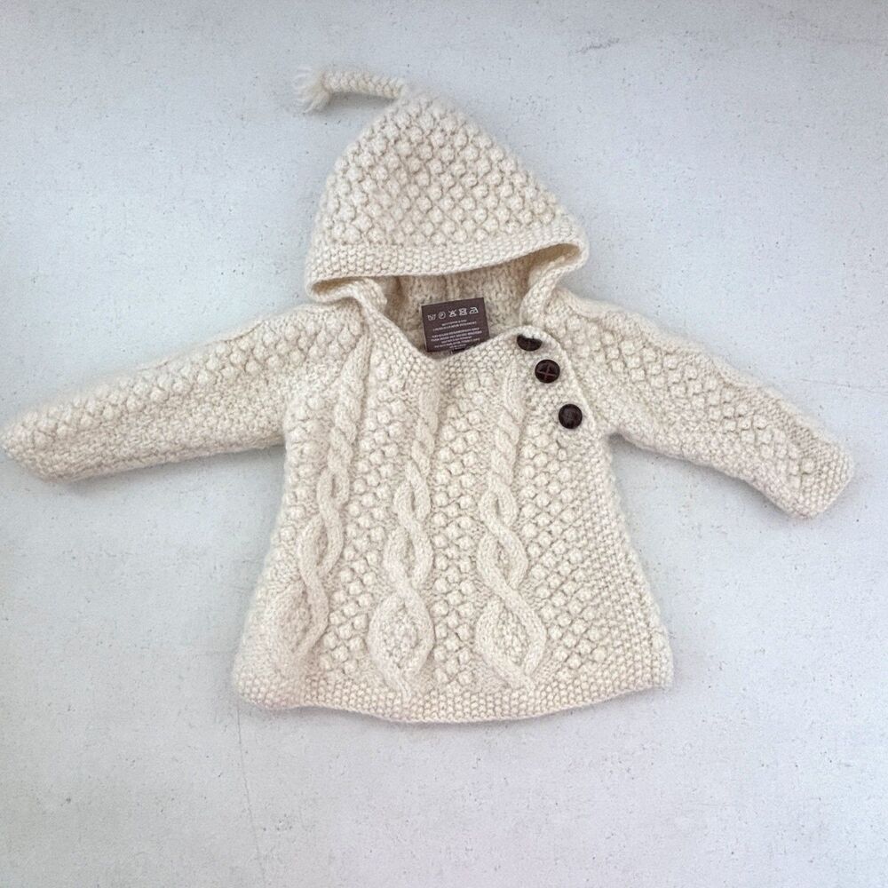 Aran Baby Irish Merino Wool Sweater Small Fisherman Chunky Cable Knit Crochet